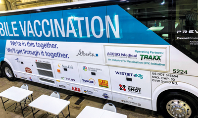 side view of Alberta vaccination bus