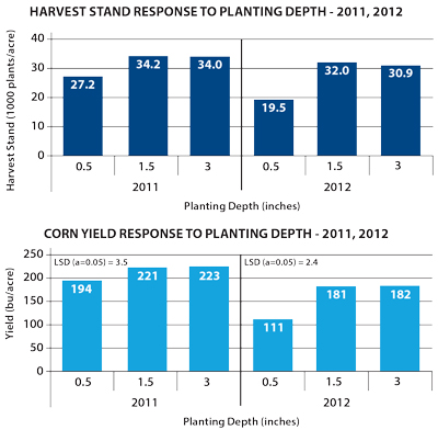 Chart comparing harvest stand response to planting depth over 2 years